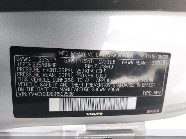 Продажа на аукционе авто 2009 Volvo Xc90 3.2, vin: YV4CY982891502596, номер лота: 45378604