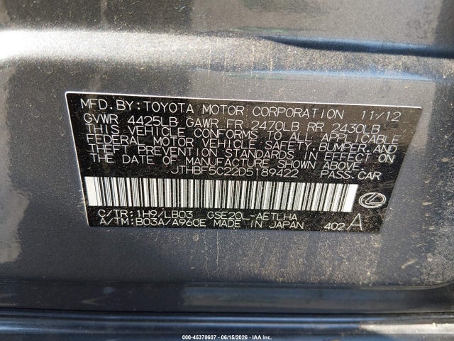 Aukcja sprzedaży 2013 Lexus Is 250, vin: JTHBF5C22D5189422, numer aukcji: 45378607