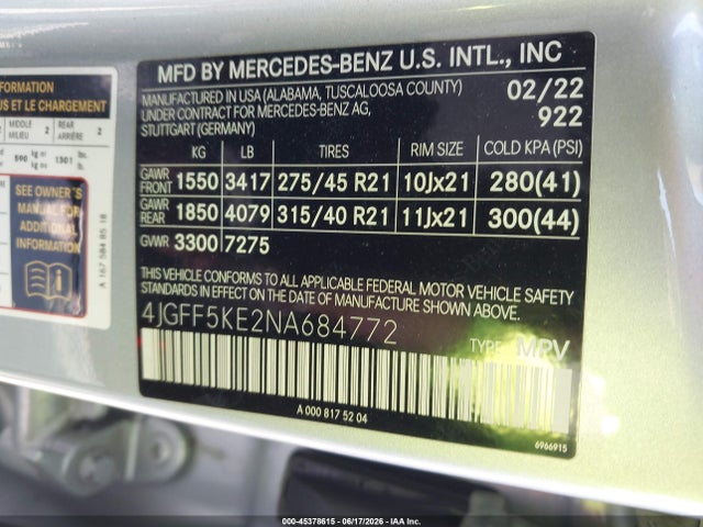 Aukcja sprzedaży 2022 Mercedes-benz Gls 450 4matic, vin: 4JGFF5KE2NA684772, numer aukcji: 45378615