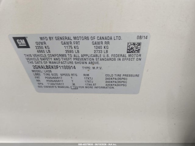 45378638 :رقم المزاد ، 2GNALBEK0F1100914 vin ، 2015 Chevrolet Equinox Lt مزاد بيع