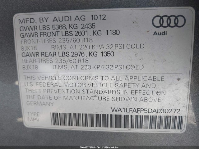 45378650 :رقم المزاد ، WA1LFAFP5DA030272 vin ، 2013 Audi Q5 2.0t Premium مزاد بيع