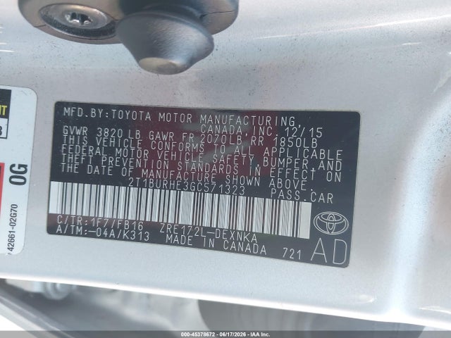 2T1BURHE3GC571323 Toyota COROLLA LE