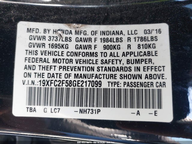 Honda Civic Lx 2016 19XFC2F58GE217099 Image 9