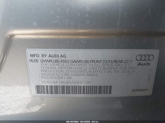 45378682 :رقم المزاد ، WAUAF78E65A566139 vin ، 2005 Audi A4 2.0t مزاد بيع