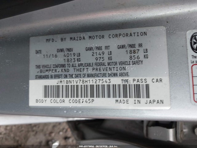 Aukcja sprzedaży 2017 Mazda Mazda3 Touring, vin: JM1BN1V78H1127543, numer aukcji: 45378694
