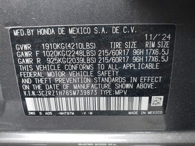 3CZRZ1H76SM739873 Honda Hr-v 2wd Ex-l