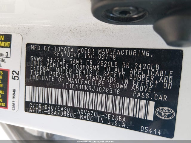 2018 Toyota Camry Se მანქანა იყიდება აუქციონზე, vin: 4T1B11HK9JU078316, აუქციონის ნომერი: 45378702