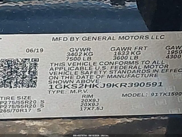 45378704 :رقم المزاد ، 1GKS2HKJ9KR390591 vin ، 2019 Gmc Yukon Xl Denali مزاد بيع