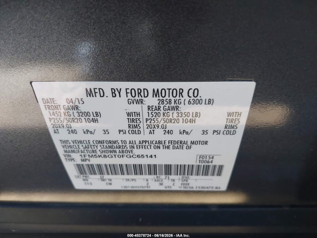 Ford EXPLORER SPORT 2015 1FM5K8GT0FGC65141 Image 9