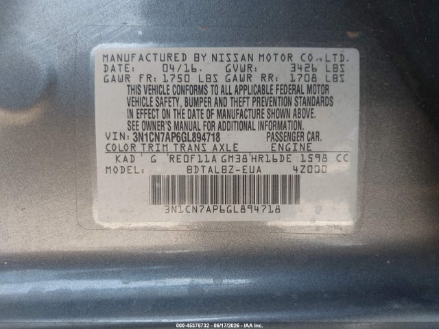 3N1CN7AP6GL894718 Nissan Versa 1.6 S/1.6 S+/1.6 Sl/1.6 Sv