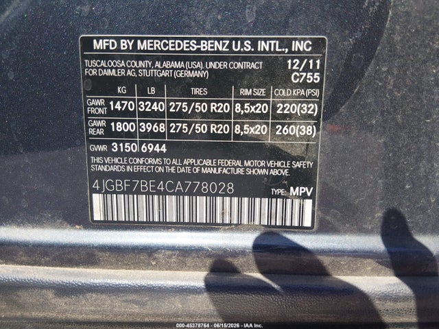 45378764 :رقم المزاد ، 4JGBF7BE4CA778028 vin ، 2012 Mercedes-benz Gl 450 4matic مزاد بيع