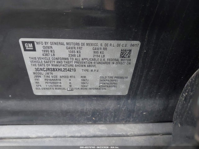 Auction sale of the 2017 Chevrolet Trax Premier, vin: 3GNCJRSBXHL254219, lot number: 45378765