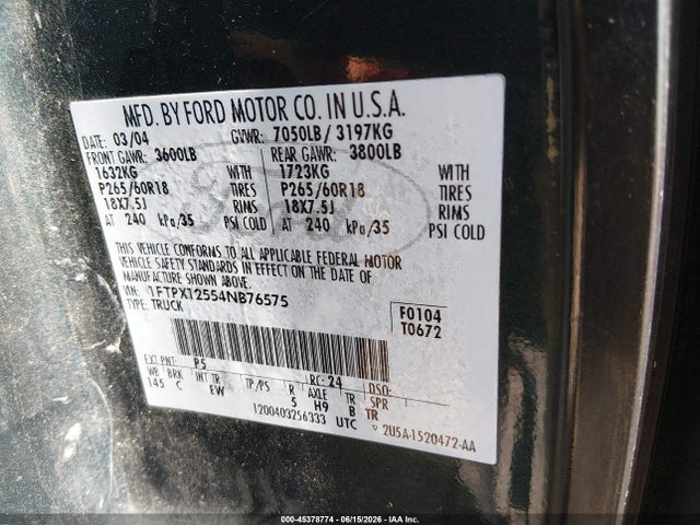 45378774 :رقم المزاد ، 1FTPX12554NB76575 vin ، 2004 Ford F-150 Lariat/xl/xlt مزاد بيع