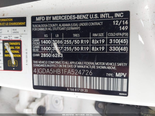 Aukcja sprzedaży 2015 Mercedes-benz Ml 350 4matic, vin: 4JGDA5HB1FA524726, numer aukcji: 45378785