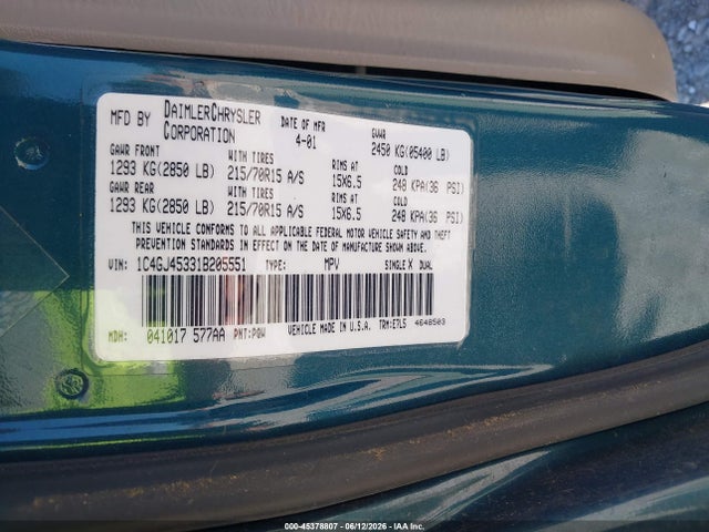 Продажа на аукционе авто 2001 Chrysler Voyager Lx, vin: 1C4GJ45331B205551, номер лота: 45378807