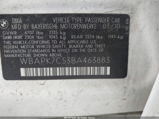 2011 Bmw 328i Xdrive მანქანა იყიდება აუქციონზე, vin: WBAPK7C53BA463883, აუქციონის ნომერი: 45378829