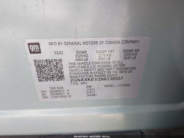 2GNAXKEV1N6138507 Chevrolet Equinox Fwd Lt