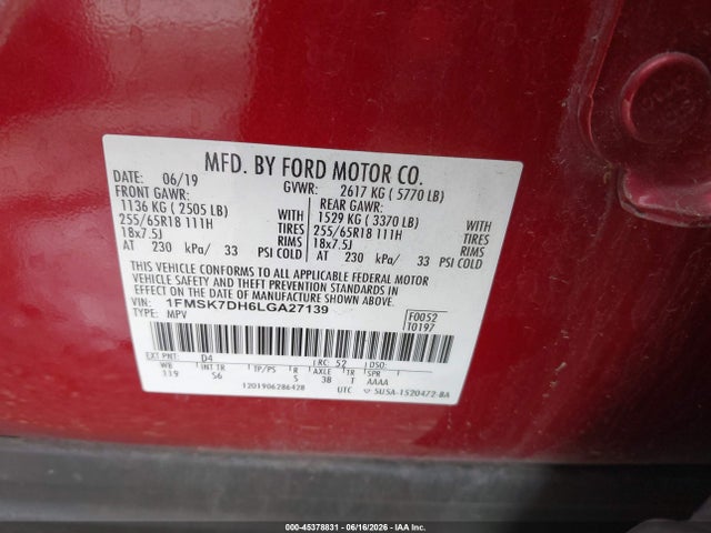 Aukcja sprzedaży 2020 Ford Explorer Xlt, vin: 1FMSK7DH6LGA27139, numer aukcji: 45378831