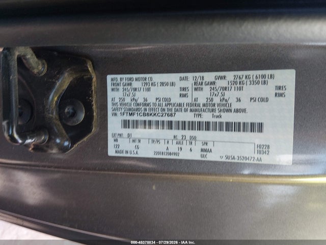 2019 Ford F-150 Xl მანქანა იყიდება აუქციონზე, vin: 1FTMF1CB8KKC27687, აუქციონის ნომერი: 45378834
