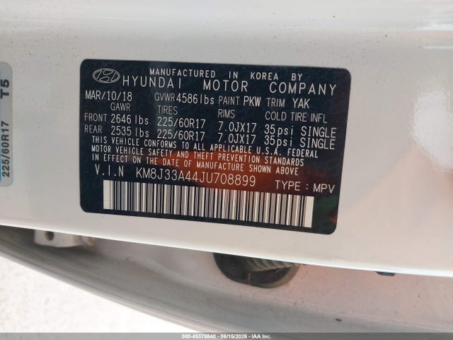 Aukcja sprzedaży 2018 Hyundai Tucson Sel, vin: KM8J33A44JU708899, numer aukcji: 45378840