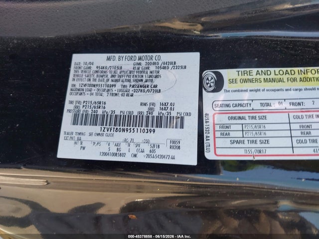 Aukcja sprzedaży 2005 Ford Mustang V6 Deluxe/v6 Premium, vin: 1ZVFT80N955110399, numer aukcji: 45378858