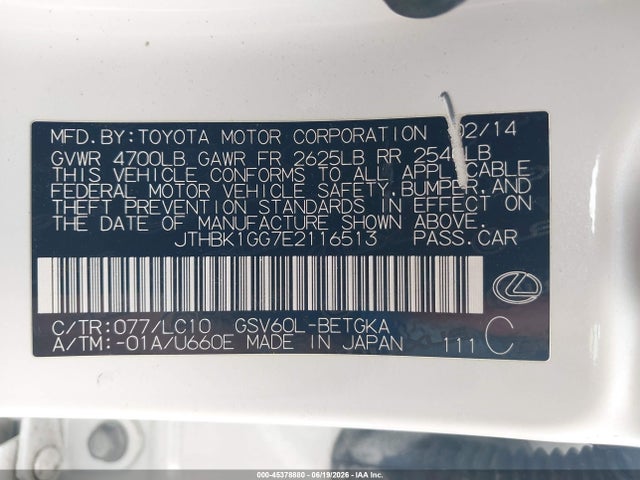 45378880 :رقم المزاد ، JTHBK1GG7E2116513 vin ، 2014 Lexus Es 350 مزاد بيع