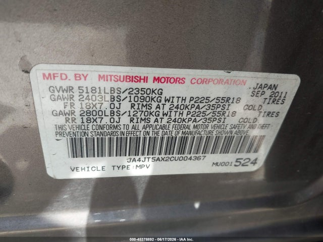 45378892 :رقم المزاد ، JA4JT5AX2CU004367 vin ، 2012 Mitsubishi Outlander Gt مزاد بيع