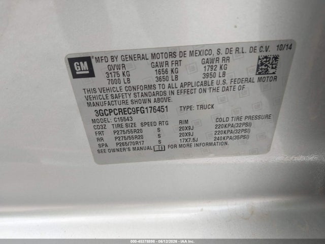 2015 Chevrolet Silverado 1500 1lt მანქანა იყიდება აუქციონზე, vin: 3GCPCREC9FG176451, აუქციონის ნომერი: 45378898