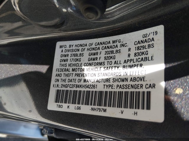 Honda Civic Sport 2019 2HGFC2F84KH542261 Image 9