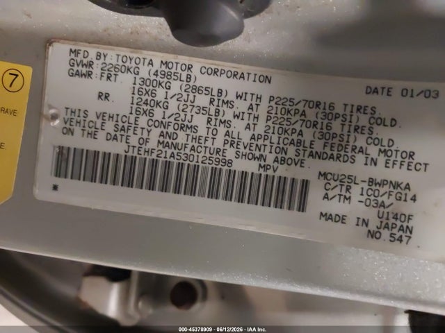 Aukcja sprzedaży 2003 Toyota Highlander V6, vin: JTEHF21A530125998, numer aukcji: 45378909