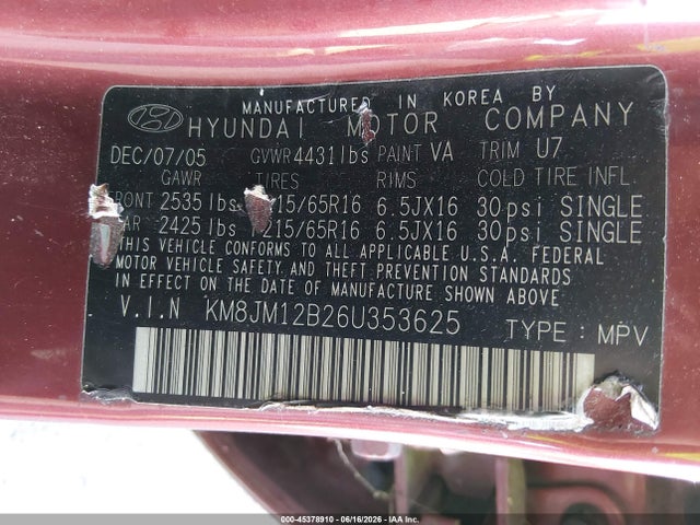 45378910 :رقم المزاد ، KM8JM12B26U353625 vin ، 2006 Hyundai Tucson Gl مزاد بيع