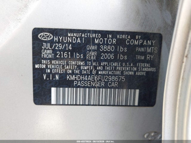 45378924 :رقم المزاد ، KMHDH4AE6FU298675 vin ، 2015 Hyundai Elantra Se مزاد بيع