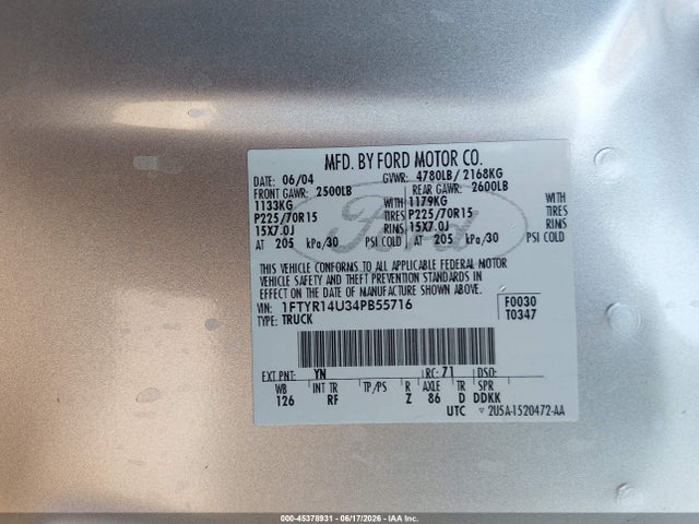 Aukcja sprzedaży 2004 Ford Ranger Edge/tremor/xl/xlt, vin: 1FTYR14U34PB55716, numer aukcji: 45378931