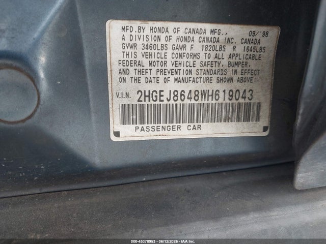1998 Honda Civic Ex მანქანა იყიდება აუქციონზე, vin: 2HGEJ8648WH619043, აუქციონის ნომერი: 45378953