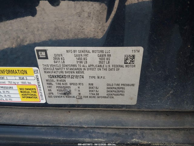 Aukcja sprzedaży 2015 Chevrolet Traverse 1lt, vin: 1GNKRGKD1FJ218174, numer aukcji: 45378972