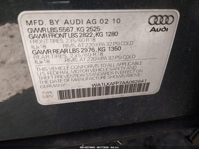 45378985 :رقم المزاد ، WA1LKAFP7AA082641 vin ، 2010 Audi Q5 3.2 Premium مزاد بيع