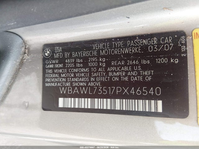 Продаж на аукціоні авто 2007 Bmw 335i, vin: WBAWL73517PX46540, номер лоту: 45378987