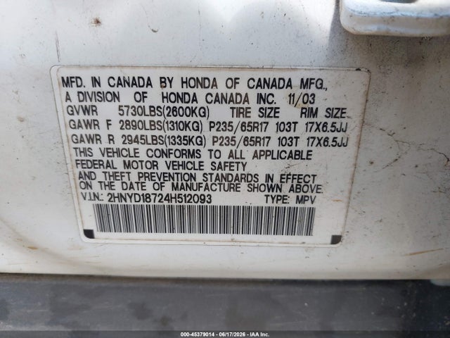 Aukcja sprzedaży 2004 Acura Mdx, vin: 2HNYD18724H512093, numer aukcji: 45379014
