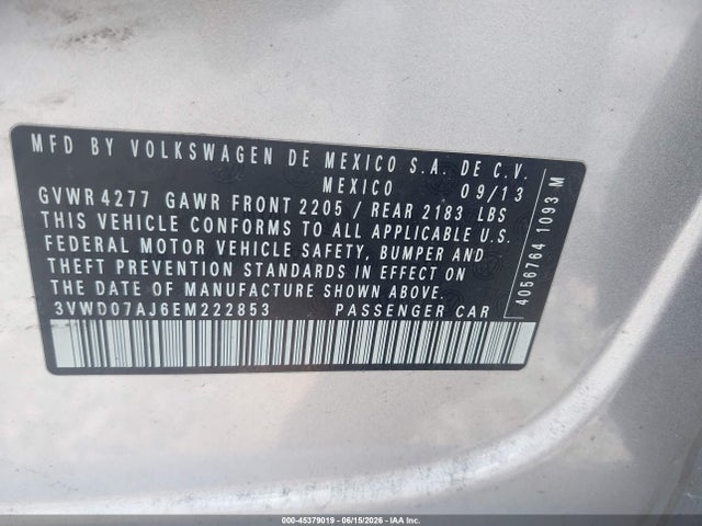 Продажа на аукционе авто 2014 Volkswagen Jetta 1.8t Se, vin: 3VWD07AJ6EM222853, номер лота: 45379019
