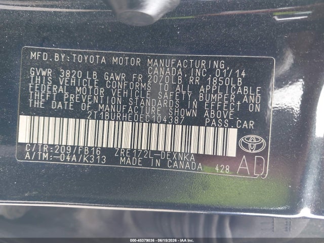 Auction sale of the 2014 Toyota Corolla Le Plus, vin: 2T1BURHE0EC104387, lot number: 45379036