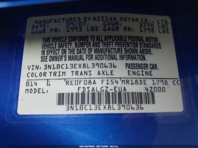 Aukcja sprzedaży 2008 Nissan Versa 1.8 Sl, vin: 3N1BC13EX8L390636, numer aukcji: 45379040