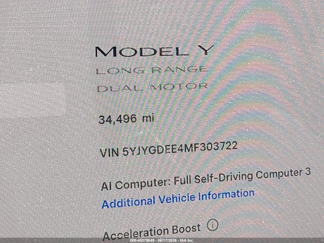 2021 Tesla Model Y Long Range Dual Motor All-wheel Drive მანქანა იყიდება აუქციონზე, vin: 5YJYGDEE4MF303722, აუქციონის ნომერი: 45379049