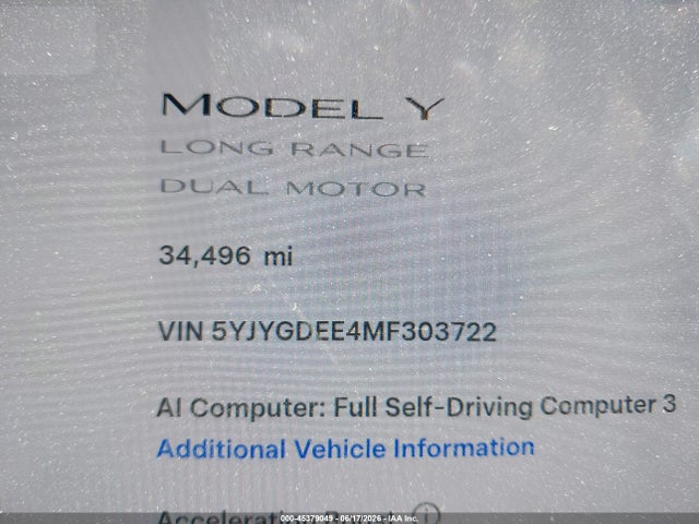 2021 Tesla Model Y Long Range Dual Motor All-wheel Drive მანქანა იყიდება აუქციონზე, vin: 5YJYGDEE4MF303722, აუქციონის ნომერი: 45379049