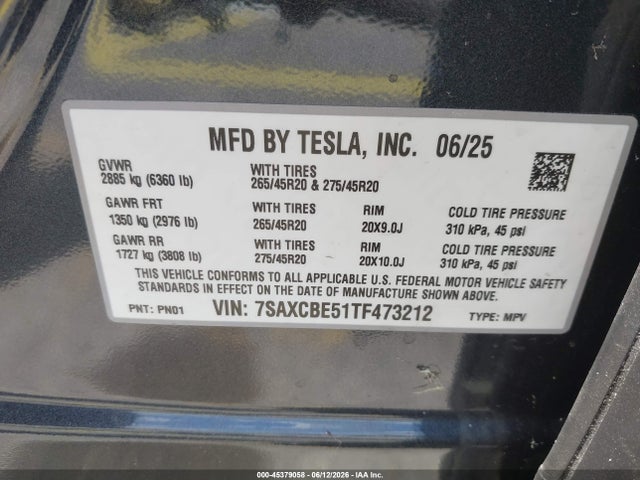 45379058 :رقم المزاد ، 7SAXCBE51TF473212 vin ، 2026 Tesla Model X All-wheel Drive مزاد بيع