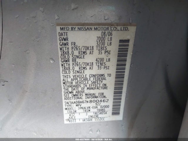 45379088 :رقم المزاد ، 5N3AA08A67N800462 vin ، 2007 Infiniti Qx56 مزاد بيع