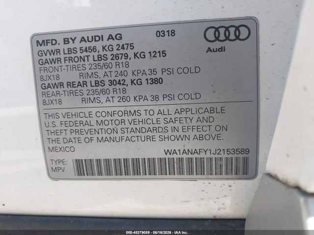 2018 Audi Q5 2.0t Premium/2.0t Tech Premium მანქანა იყიდება აუქციონზე, vin: WA1ANAFY1J2153589, აუქციონის ნომერი: 45379089