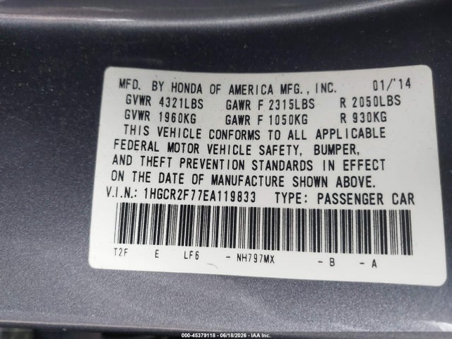 Honda ACCORD EX 2014 1HGCR2F77EA119833 Image 9