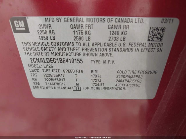 45379131 :رقم المزاد ، 2CNALDEC1B6410155 vin ، 2011 Chevrolet Equinox 1lt مزاد بيع
