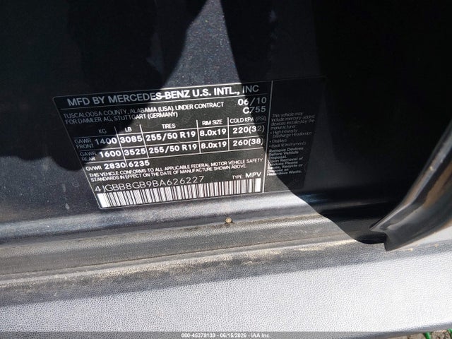 Aukcja sprzedaży 2011 Mercedes-benz Ml 350 4matic, vin: 4JGBB8GB9BA626227, numer aukcji: 45379139