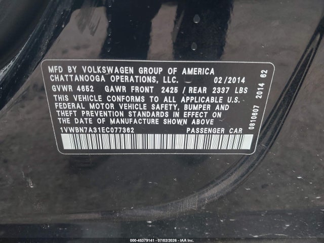2014 Volkswagen Passat 2.0l Tdi Se მანქანა იყიდება აუქციონზე, vin: 1VWBN7A31EC077362, აუქციონის ნომერი: 45379141